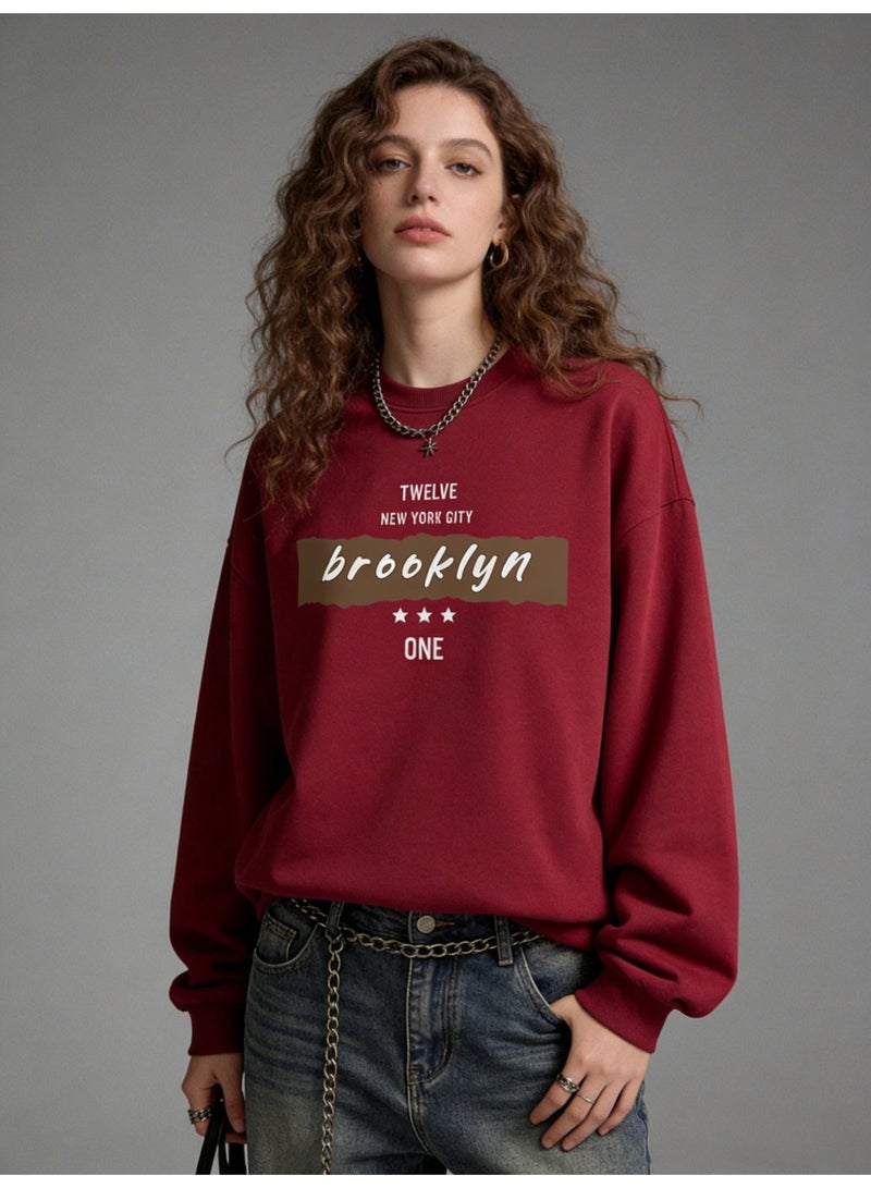 بيإم إنس BM INS Burgundy "brooklyn" Retro Letter Oversized Crew Neck Sweatshirt | Unisex Pullover With "NEW YORK CITY" Slogan - Image 5